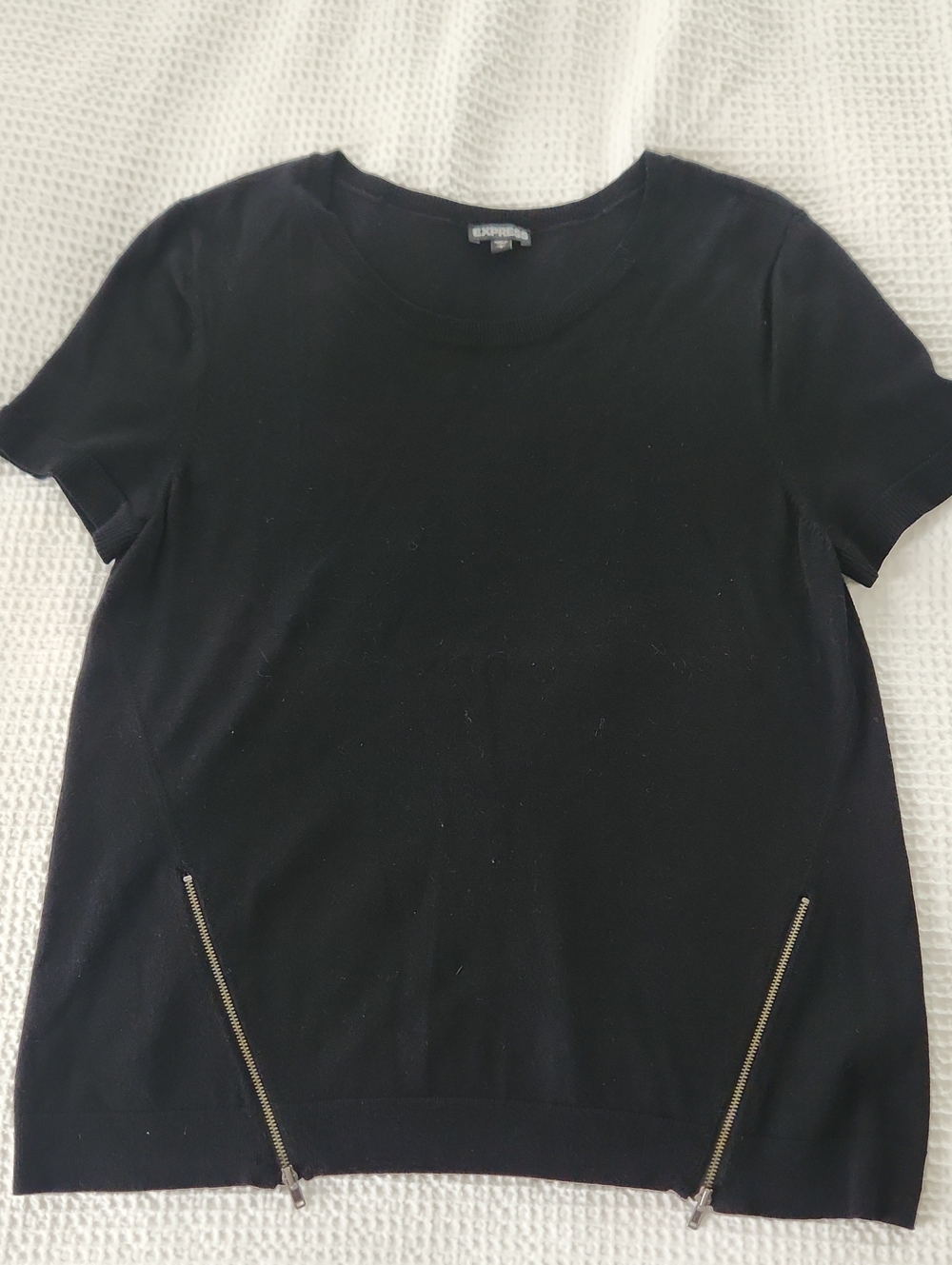 Express Black Short-Sleeve Crewneck Top with Diagonal Silver Zippers